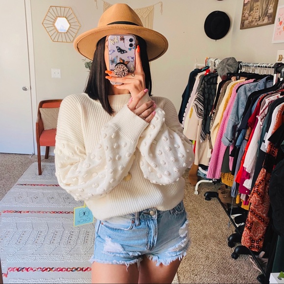 Sold CeCe Ivory Pom Sleeve Sweater - Picture 4 of 8